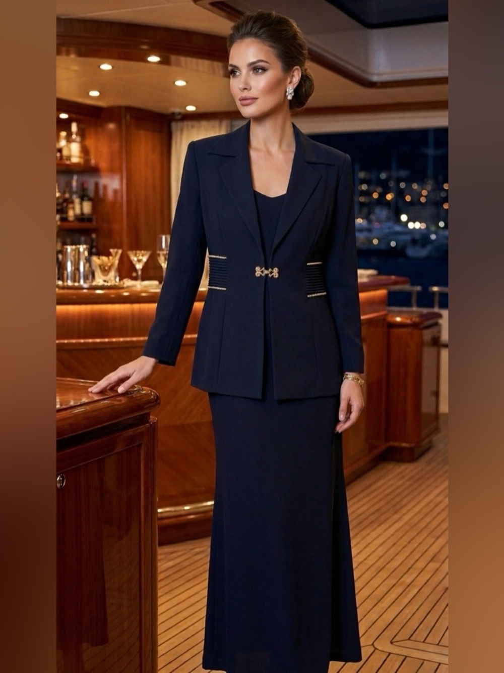 Unique Couture Navy Women's Blazer and Maxi Dress with Gold Accent, Two Piece